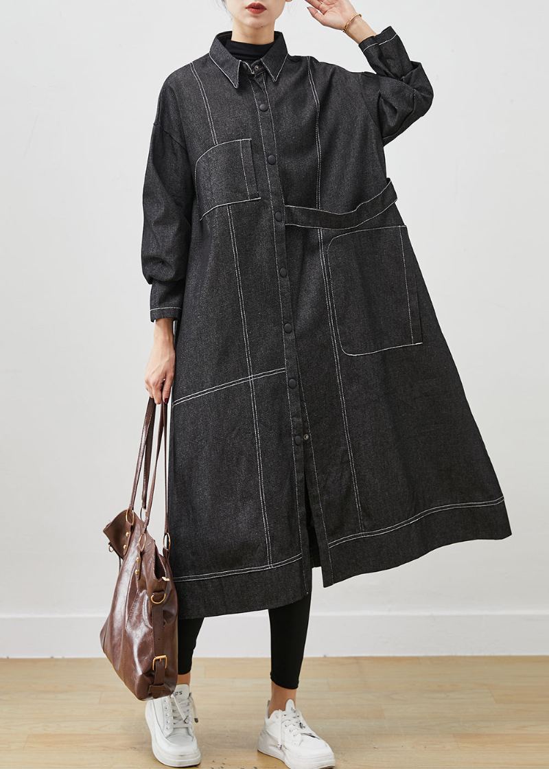 Trench-coat En Denim Ample Noir Poches Surdimensionnées Printemps