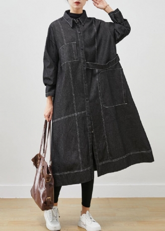 Trench-coat En Denim Ample Noir Poches Surdimensionnées Printemps