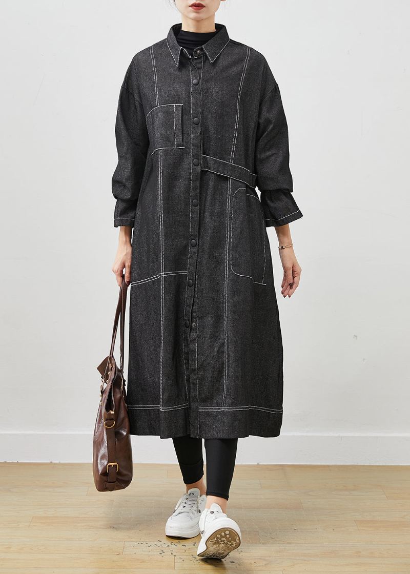 Trench-coat En Denim Ample Noir Poches Surdimensionnées Printemps - Trenchs femmes