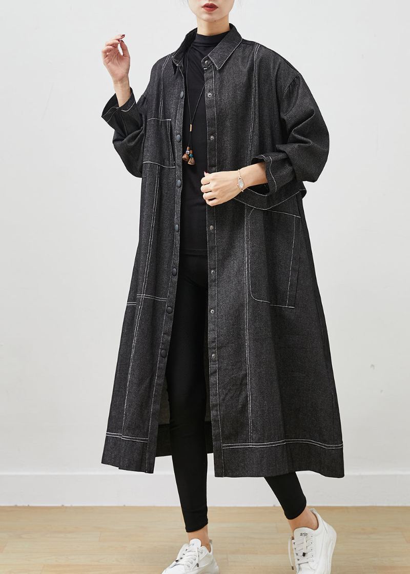 Trench-coat En Denim Ample Noir Poches Surdimensionnées Printemps - Trenchs femmes