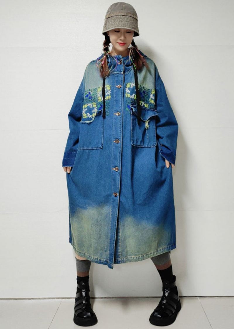 Trench-coat En Denim Avec Poches Boutonnées Bleues Manches Longues Brodées - Trenchs femmes