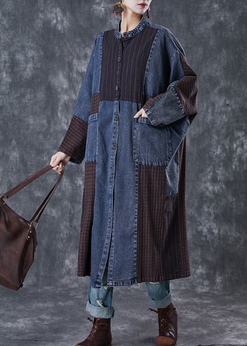 Trench-coat En Denim Bleu Marine Surdimensionné Avec Appliques En Patchwork Grande Taille Printemps