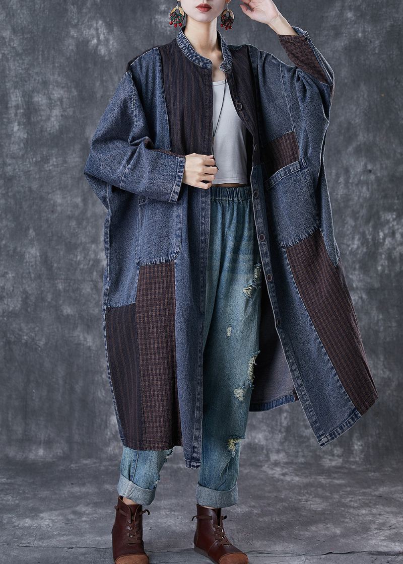 Trench-coat En Denim Bleu Marine Surdimensionné Avec Appliques En Patchwork Grande Taille Printemps - Trenchs femmes