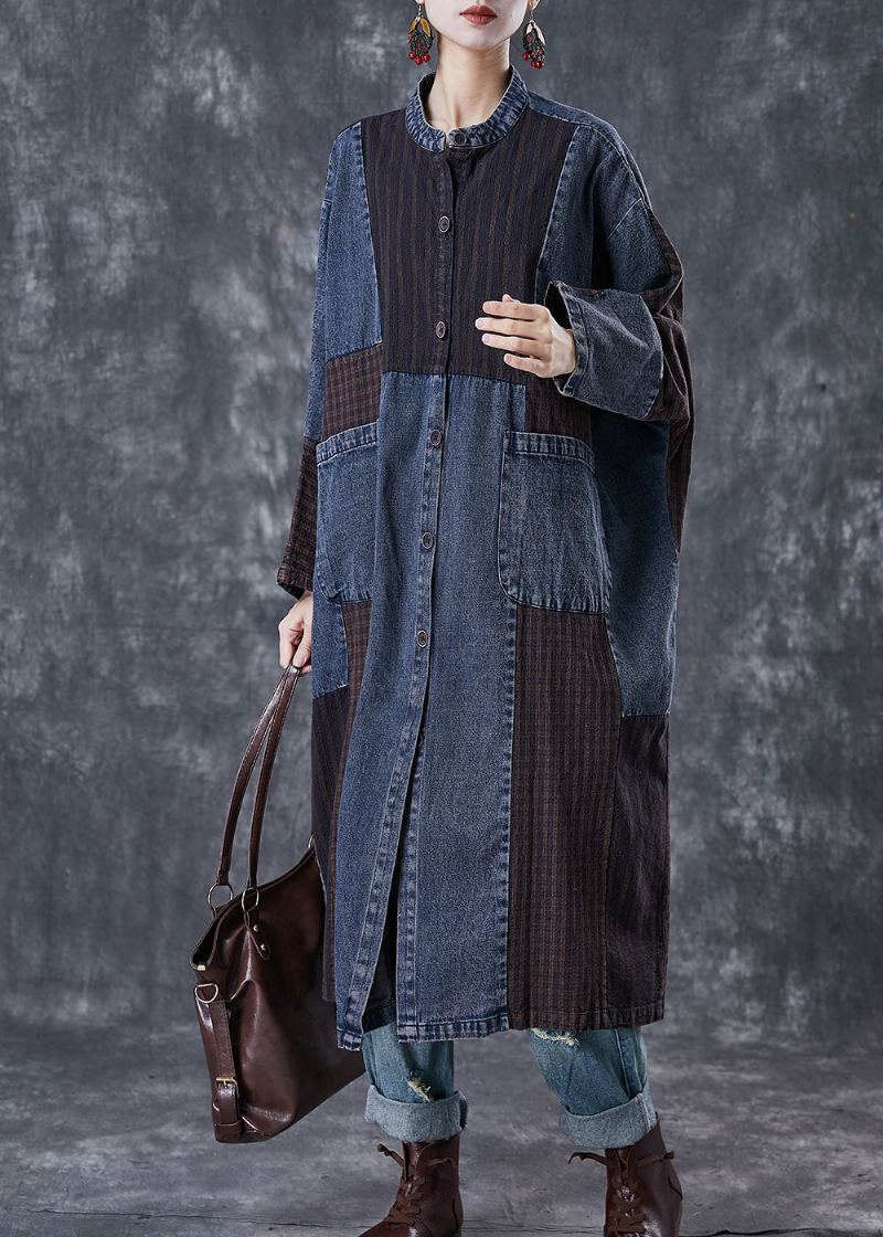 Trench-coat En Denim Bleu Marine Surdimensionné Avec Appliques En Patchwork Grande Taille Printemps - Trenchs femmes