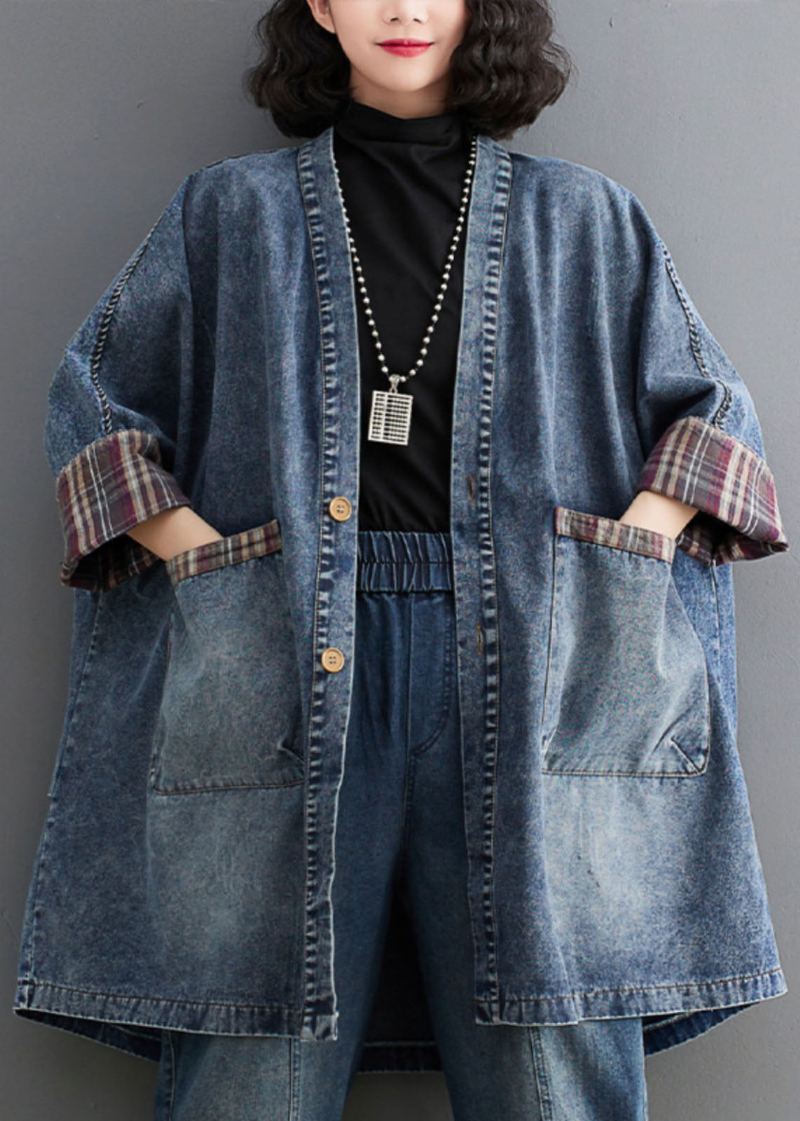 Trench-coat En Denim Bleu Rétro Col En V Rayé Patchwork Manches Longues