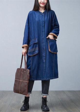 Trench-coat En Denim De Coton Col Montant Bleu Chic Poches Surdimensionnées Printemps