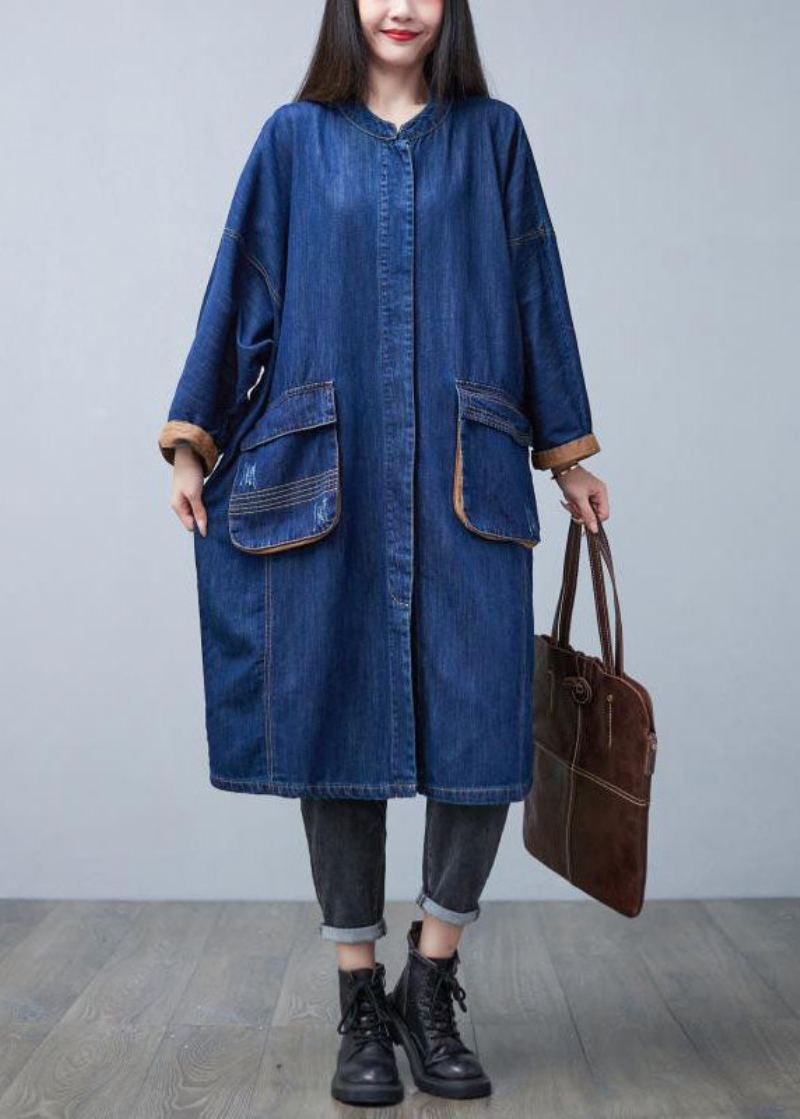 Trench-coat En Denim De Coton Col Montant Bleu Chic Poches Surdimensionnées Printemps - Trenchs femmes