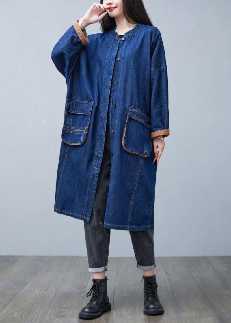 Trench-coat En Denim De Coton Col Montant Bleu Chic Poches Surdimensionnées Printemps - Trenchs femmes