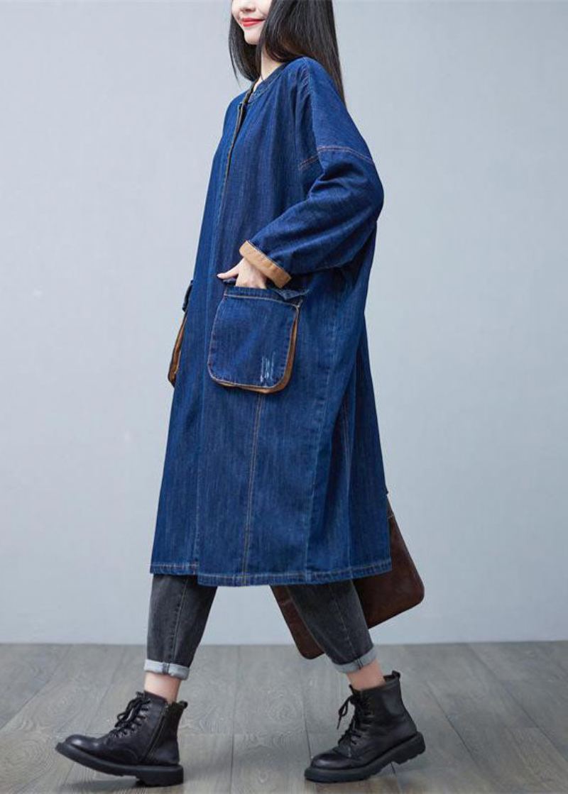 Trench-coat En Denim De Coton Col Montant Bleu Chic Poches Surdimensionnées Printemps - Trenchs femmes