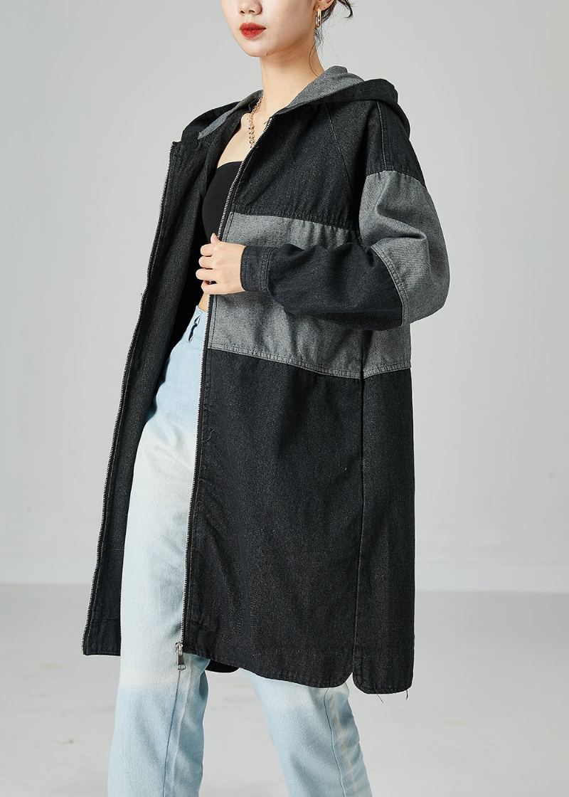 Trench-coat En Denim De Coton Patchwork Noir À Capuche Surdimensionné Printemps - Trenchs femmes