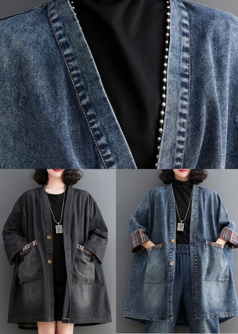 Trench-coat En Denim Noir Avec Poches Et Boutons Design Bas Automne - Noir