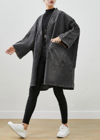 Trench-coat En Denim Patchwork Noir Vêtements D'extérieur Surdimensionnés Automne