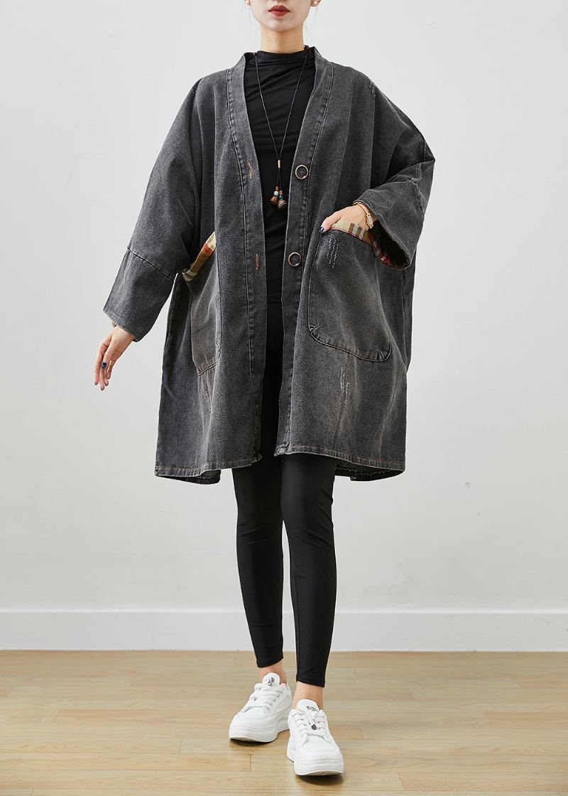 Trench-coat En Denim Patchwork Noir Vêtements D'extérieur Surdimensionnés Automne - Trenchs femmes