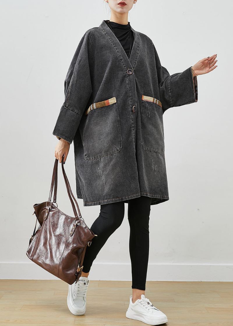 Trench-coat En Denim Patchwork Noir Vêtements D'extérieur Surdimensionnés Automne - Trenchs femmes