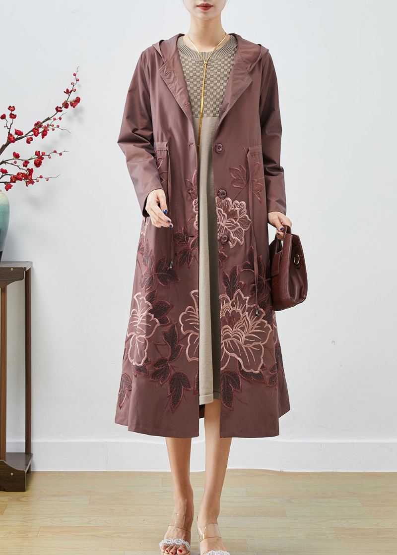 Trench-coat En Élasthanne Mauve Pâle Cravate Brodée À La Taille Automne - Trenchs femmes