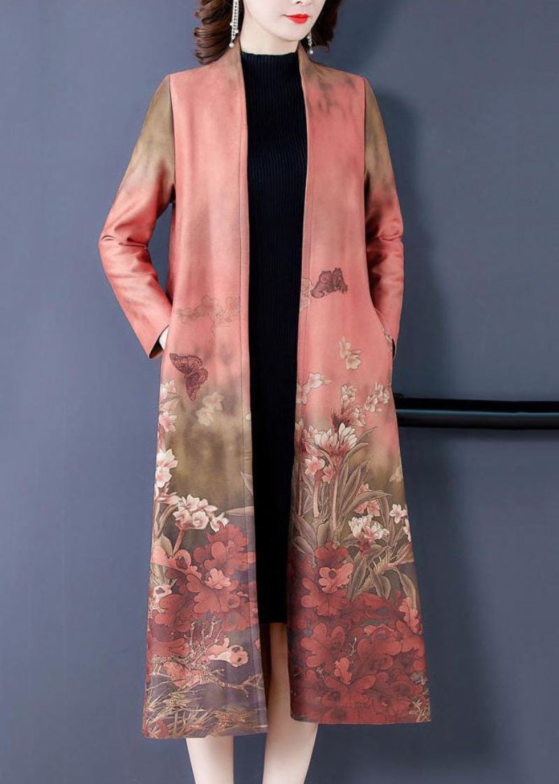 Trench-coat En Faux Suède Imprimé Rose Manches Longues Surdimensionnées - Rose