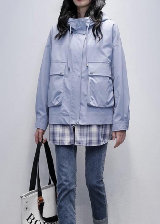 Trench-coat Fin À Carreaux En Patchwork Gris Bleu Naturel Chemises À Capuche Avec Poches Vêtements D'extérieur