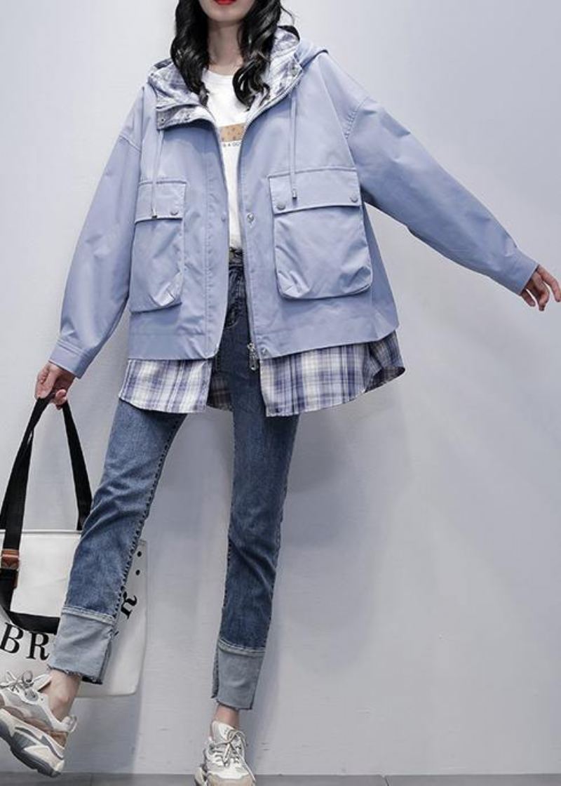 Trench-coat Fin À Carreaux En Patchwork Gris Bleu Naturel Chemises À Capuche Avec Poches Vêtements D'extérieur - Trenchs femmes