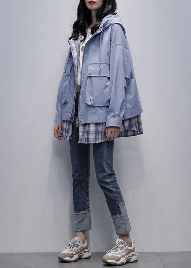 Trench-coat Fin À Carreaux En Patchwork Gris Bleu Naturel Chemises À Capuche Avec Poches Vêtements D'extérieur - Trenchs femmes