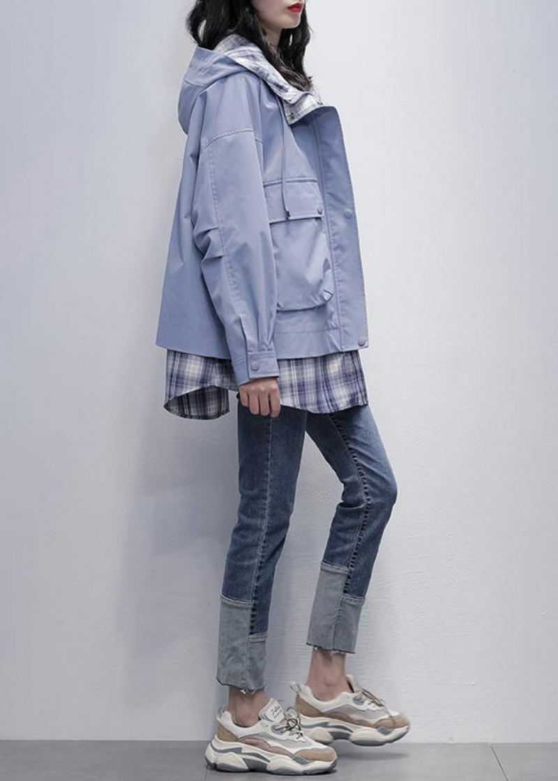 Trench-coat Fin À Carreaux En Patchwork Gris Bleu Naturel Chemises À Capuche Avec Poches Vêtements D'extérieur - Trenchs femmes