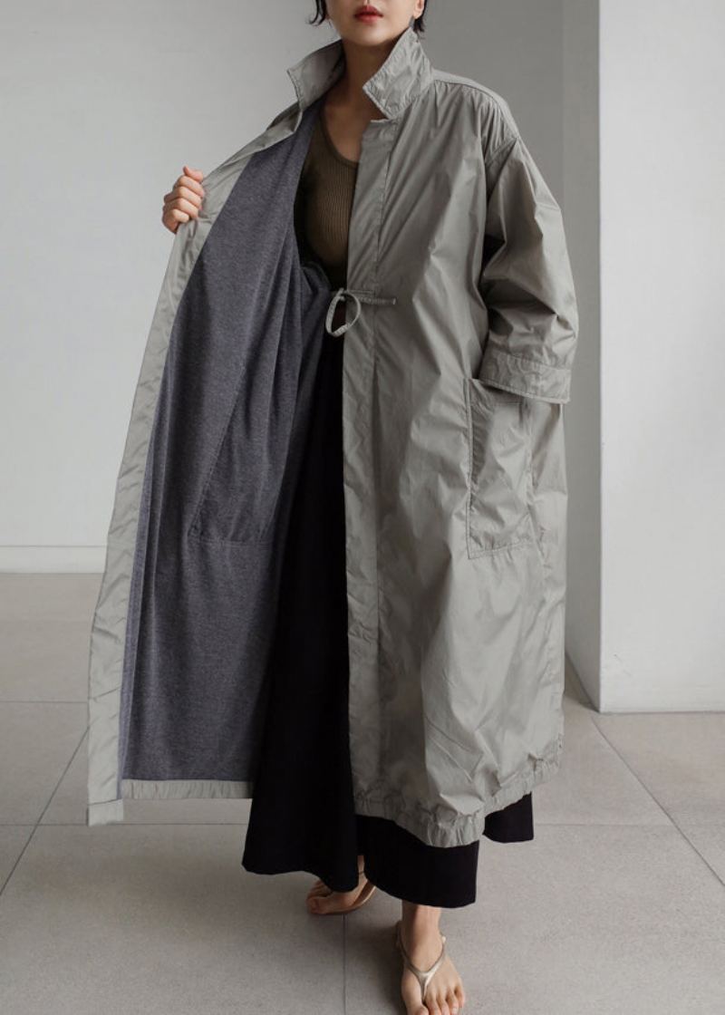 Trench-coat Gris À Col Peter Pan Et Cravate À La Taille Manches Longues - Gris