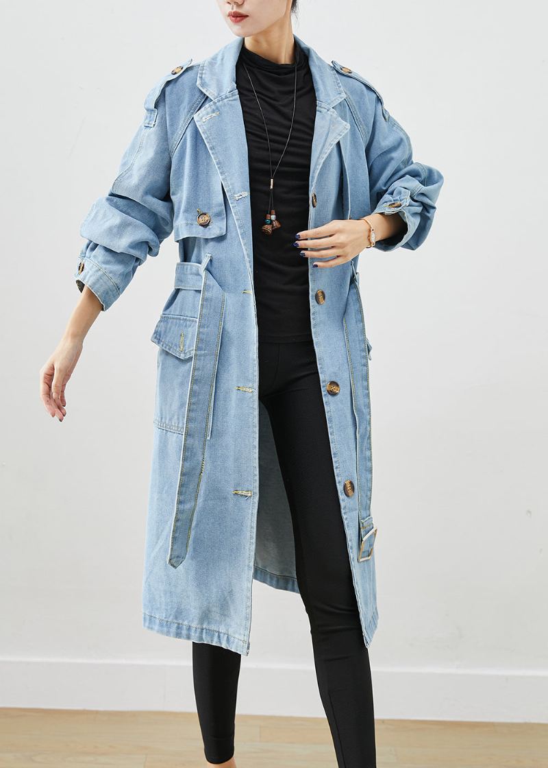 Trench-coat Italien En Denim Bleu Clair Cranté À La Taille Automne