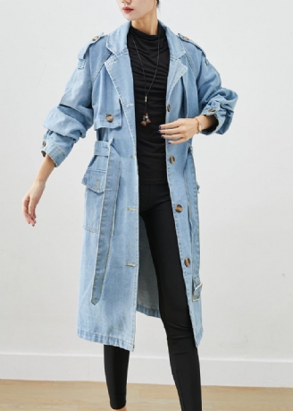 Trench-coat Italien En Denim Bleu Clair Cranté À La Taille Automne