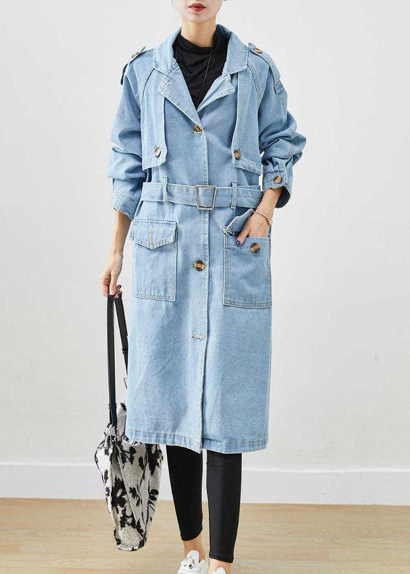 Trench-coat Italien En Denim Bleu Clair Cranté À La Taille Automne - Trenchs femmes