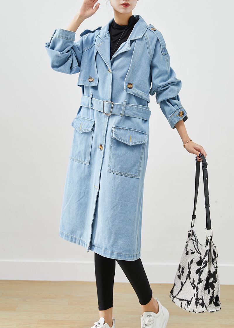 Trench-coat Italien En Denim Bleu Clair Cranté À La Taille Automne - Trenchs femmes