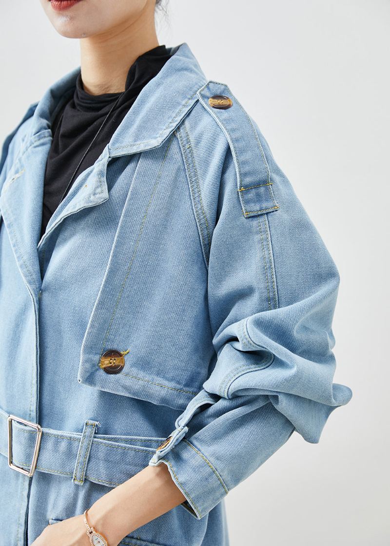 Trench-coat Italien En Denim Bleu Clair Cranté À La Taille Automne - Trenchs femmes