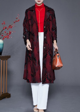 Trench-coat Jacquard À Revers Rouge Terne Pour Femme Automne