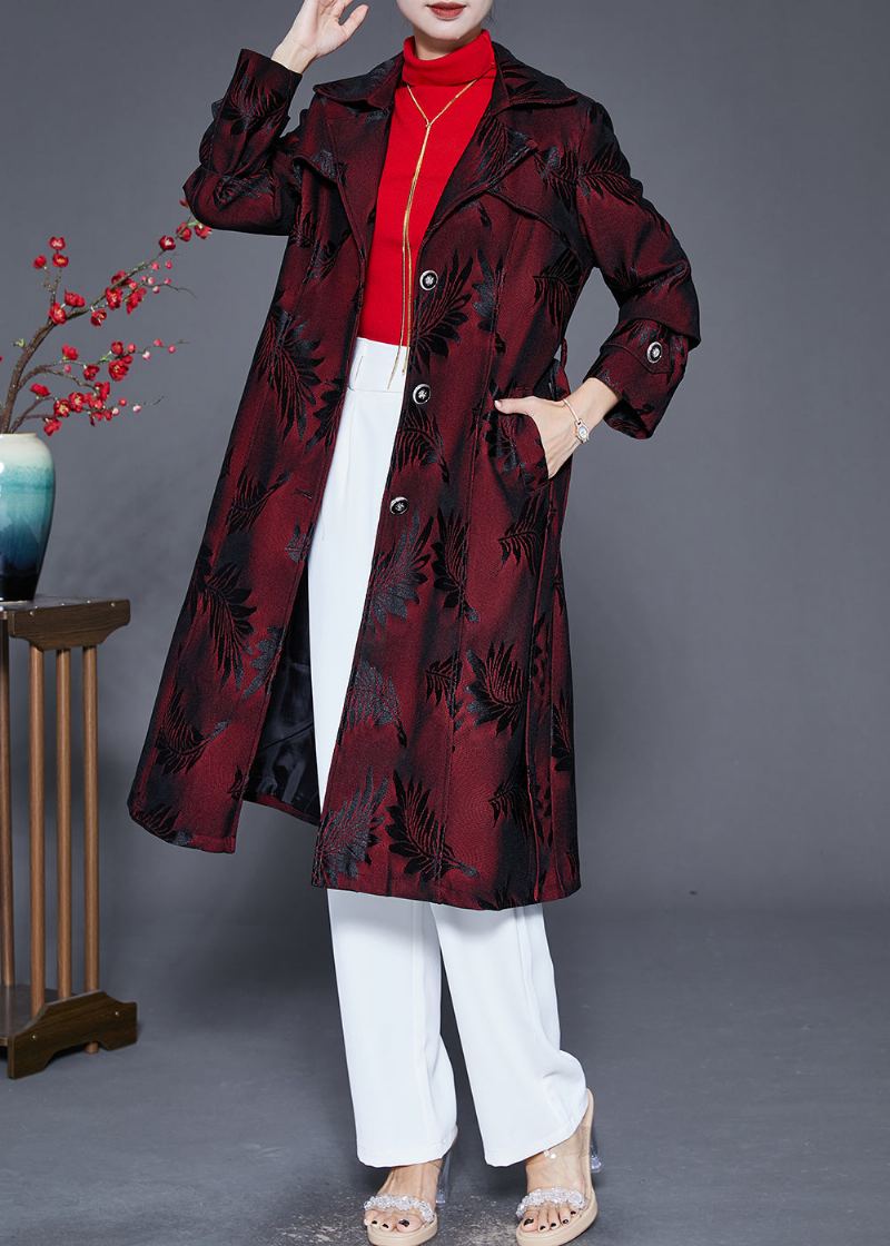 Trench-coat Jacquard À Revers Rouge Terne Pour Femme Automne - Trenchs femmes