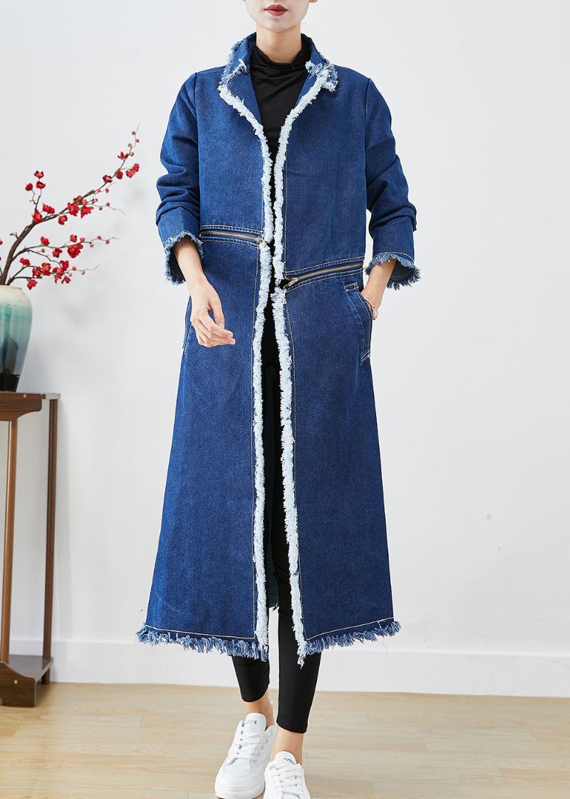 Trench-coat En Jean Bleu Moderne Avec Fermeture Éclair Des Deux Côtés Automne