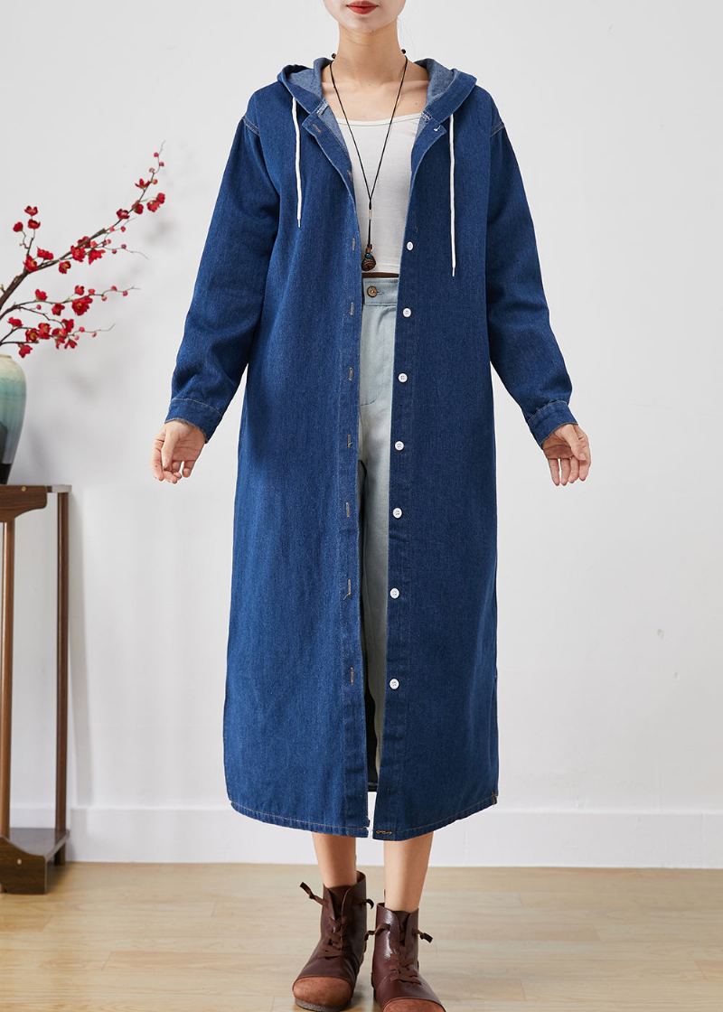 Trench-coat En Jean Boutonné À Capuche Bleu Simple Automne - Trenchs femmes