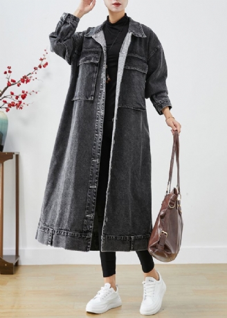 Trench-coat En Jean Noir Avec Poches Surdimensionnées Grande Taille Automne