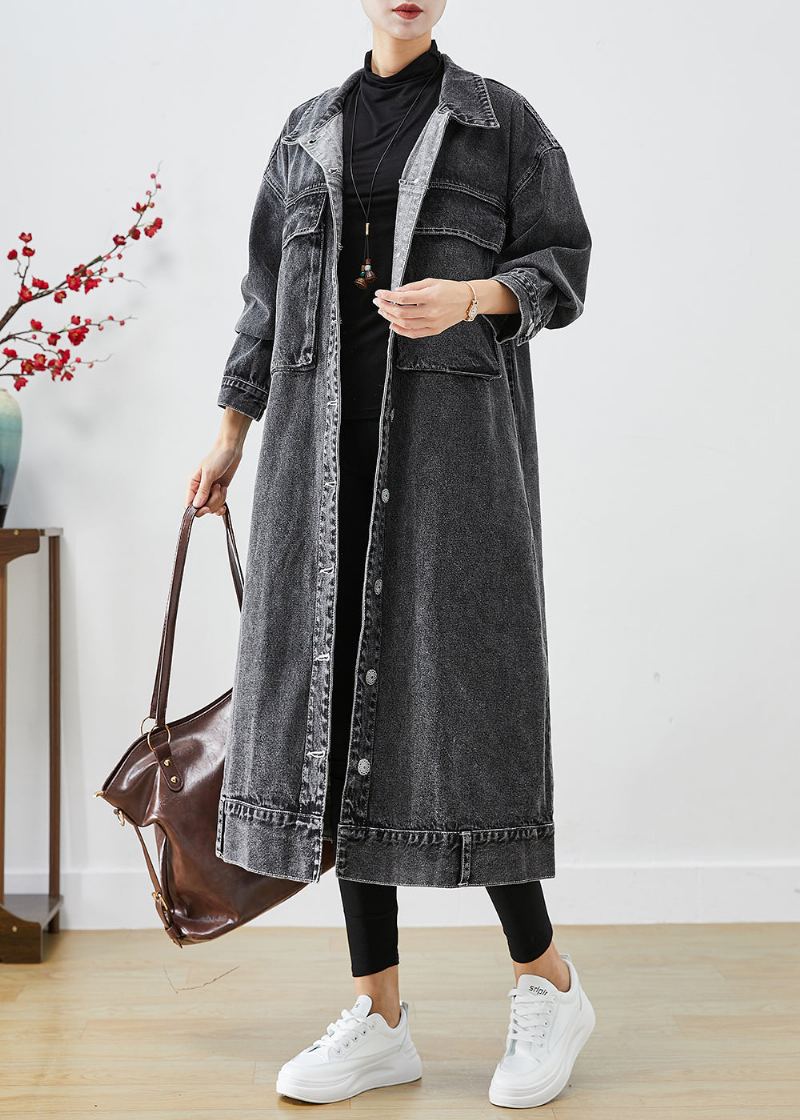 Trench-coat En Jean Noir Avec Poches Surdimensionnées Grande Taille Automne - Trenchs femmes