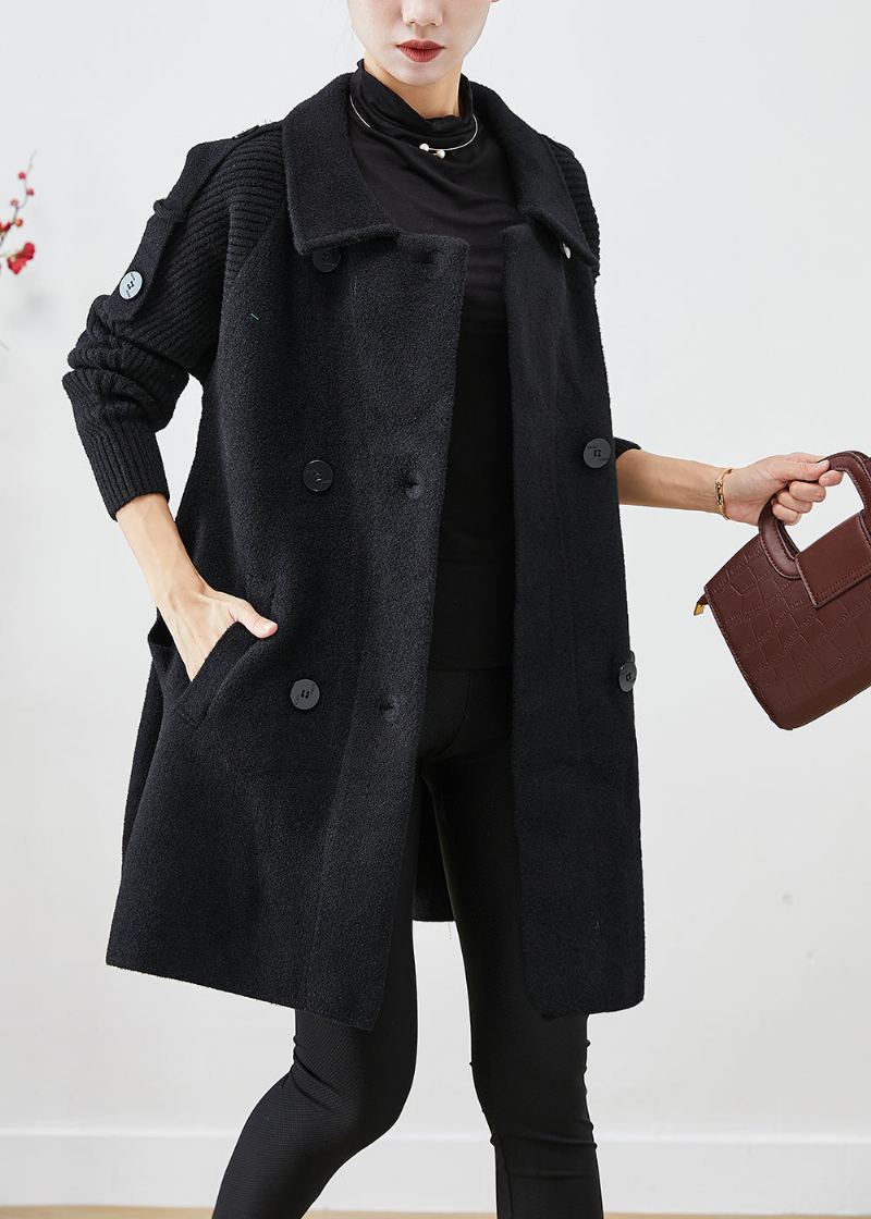 Trench-coat En Laine Noir À Double Boutonnage Décontracté Patchwork Automne - Trenchs femmes