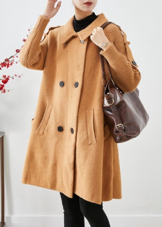 Trench-coat En Laine Tricoté À Double Boutonnage Style Boho Chameau Clair Patchwork Automne