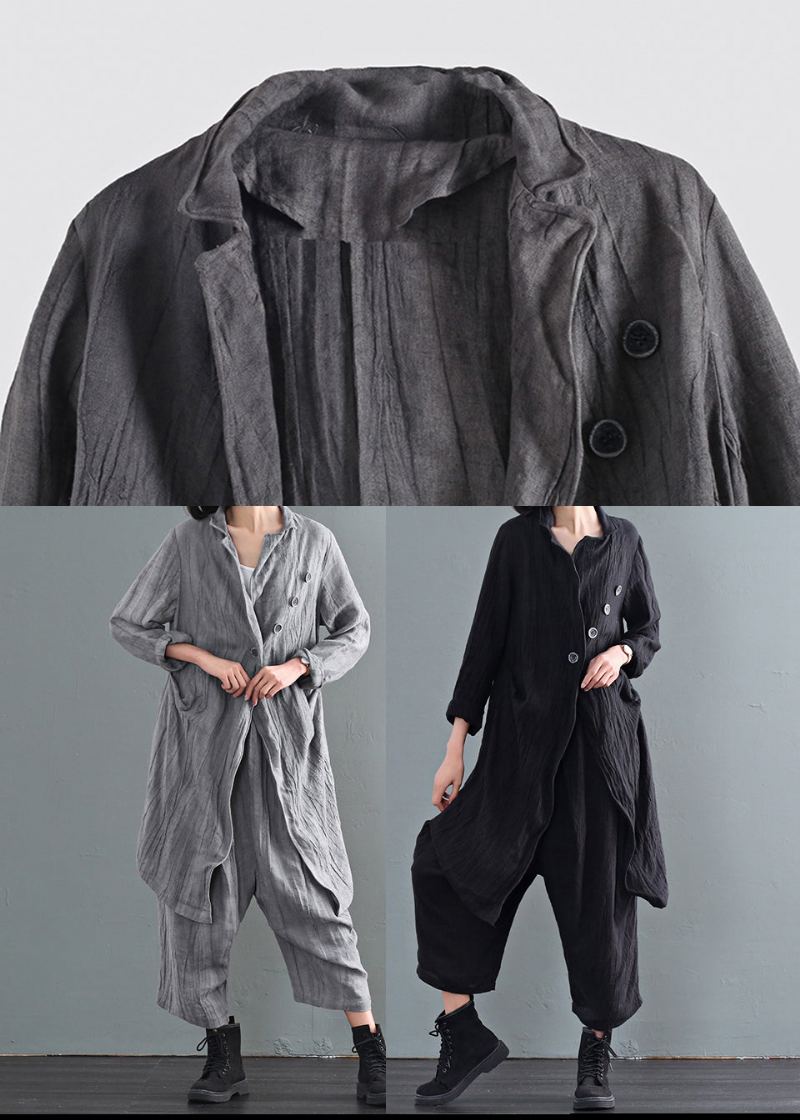 Trench-coat En Lin Surdimensionné Noir Boutons Froissés Automne - Trenchs femmes