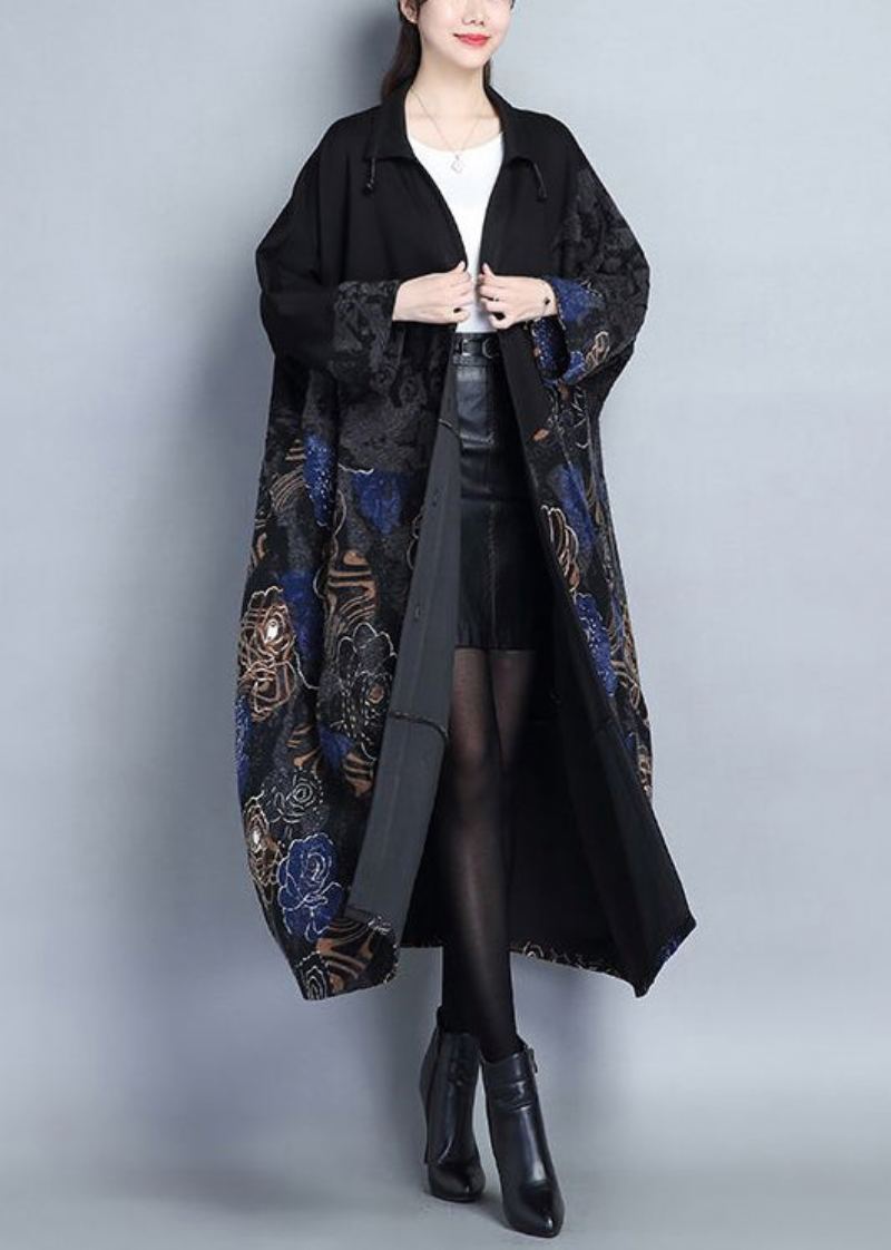 Trench-coat Long En Coton Ample Bleu Poches À Col Montant Patchwork Automne - Trenchs femmes