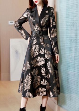 Trench-coat Long En Coton Avec Poches Et Ceintures Noires En Jacquard Automne