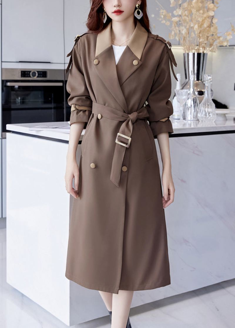 Trench-coat Long En Coton Marron Français Avec Boutons À Nouer À La Taille Automne