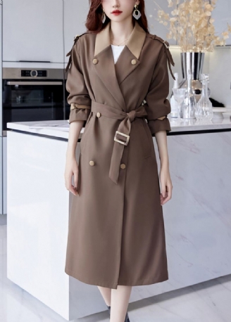 Trench-coat Long En Coton Marron Français Avec Boutons À Nouer À La Taille Automne