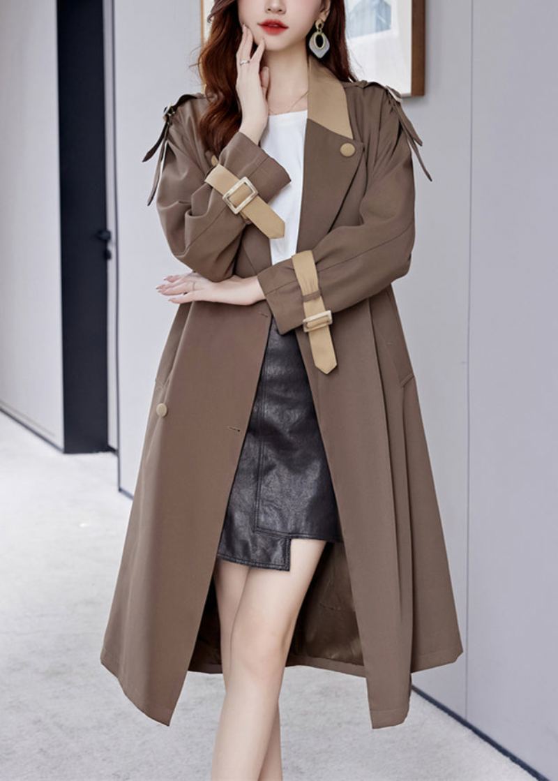 Trench-coat Long En Coton Marron Français Avec Boutons À Nouer À La Taille Automne - Trenchs femmes