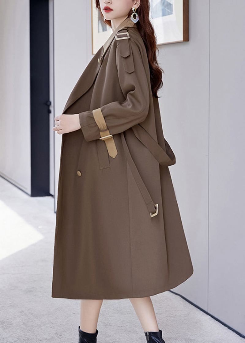 Trench-coat Long En Coton Marron Français Avec Boutons À Nouer À La Taille Automne - Trenchs femmes