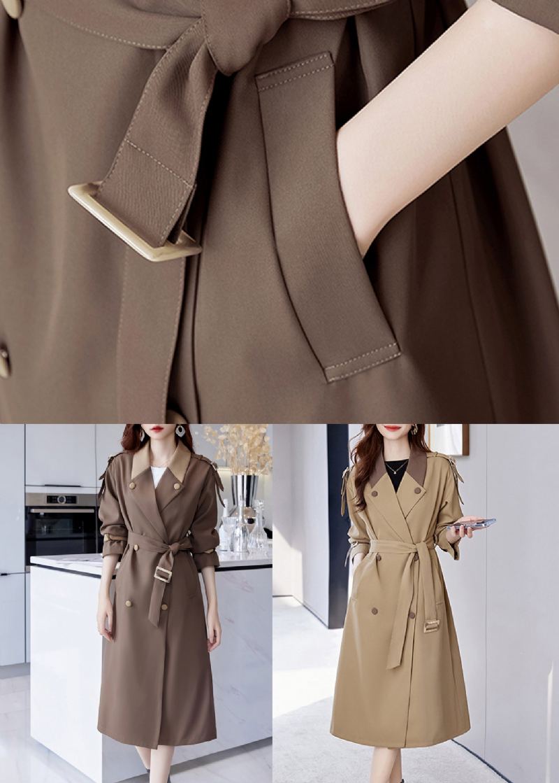 Trench-coat Long En Coton Marron Français Avec Boutons À Nouer À La Taille Automne - Trenchs femmes