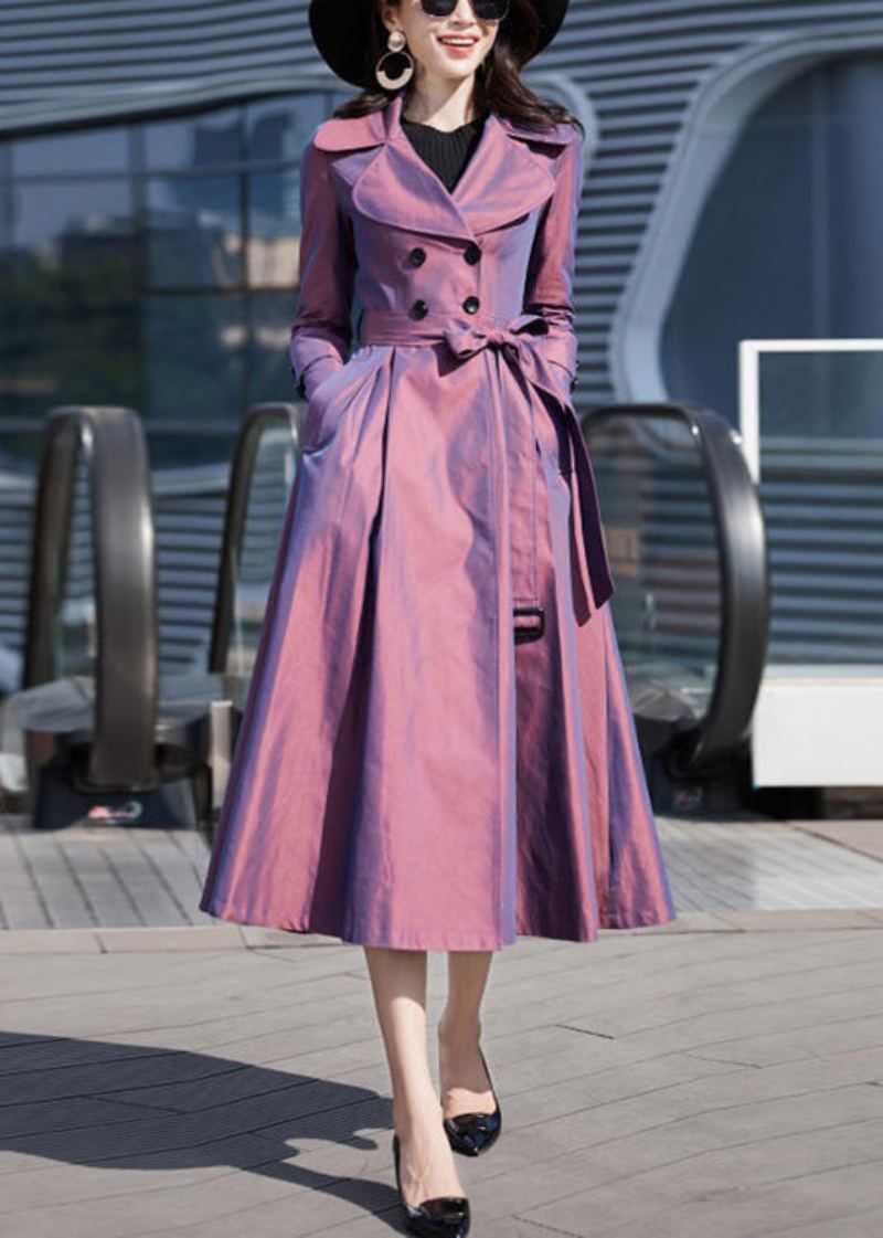 Trench-coat Long En Coton Violet Moderne Avec Boutons À La Taille Et Manches Longues