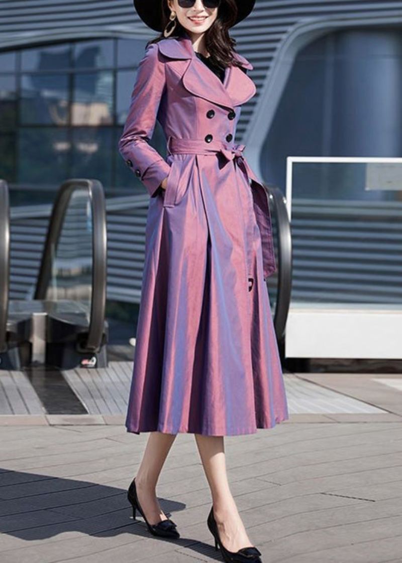 Trench-coat Long En Coton Violet Moderne Avec Boutons À La Taille Et Manches Longues - Trenchs femmes