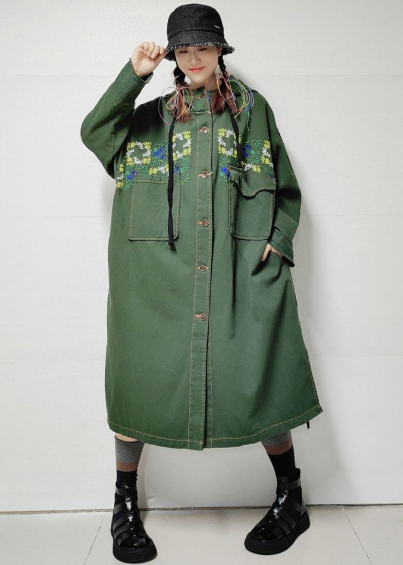 Trench-coat Long En Denim Avec Poches À Capuche Vert Armée Ample Automne