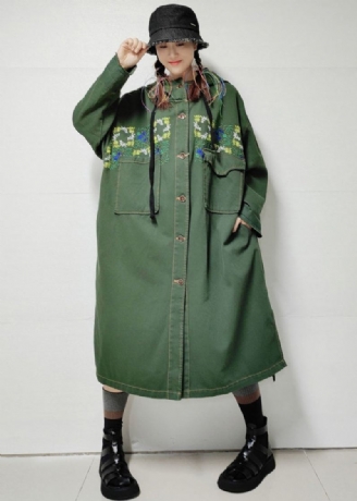 Trench-coat Long En Denim Avec Poches À Capuche Vert Armée Ample Automne